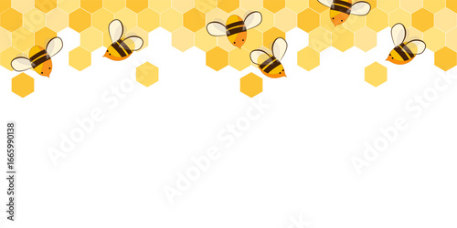 Seamless border pattern with honeycomb and honey bees. Cute beekeeping frame design isolated on white background. Vector illustration