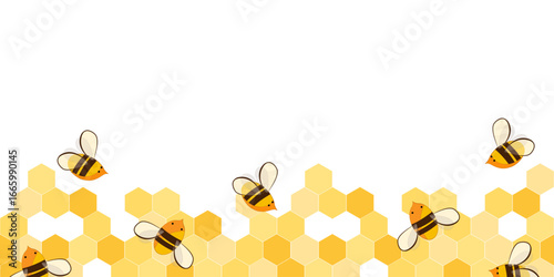 Seamless border pattern with honeycomb and honey bees. Cute beekeeping frame design isolated on white background. Vector illustration