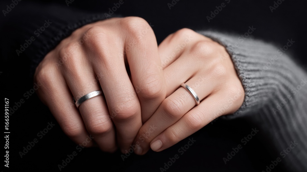 Elegant shot of hands showcasing wedding rings, symbolizing love and union. Elegant shot of hands showcasing wedding rings, symbolizing love and union.