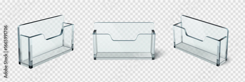 Card holder stand with transparent acrylic construction and stable base for business card or brochure display. desktop organizer design in different angles with slot opening and clear material finish.