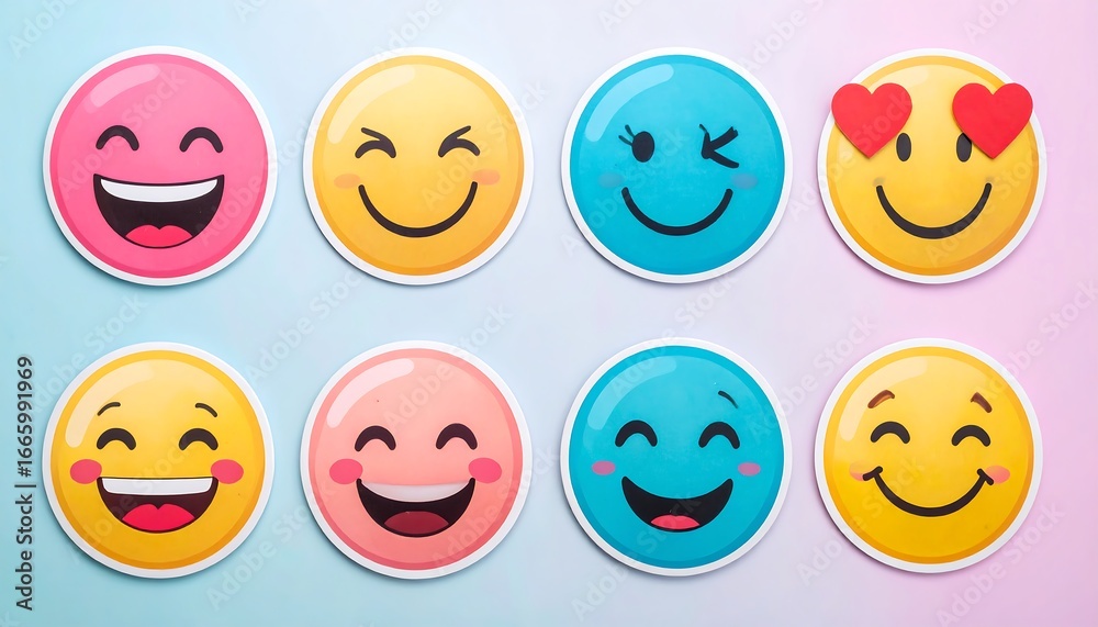 Fototapeta premium Eight Colorful Emojis with Various Expressions on a Gradient Background