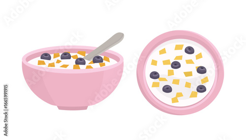 Blueberry oatmeal with milk. Porridge breakfast.