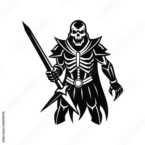 Fearsome skeleton warrior in ornate armor wielding a sharp sword