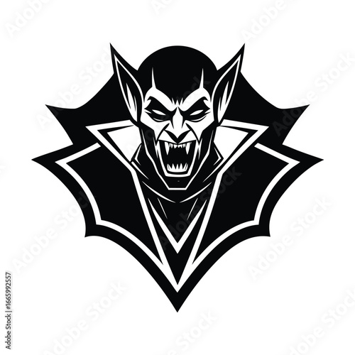 Fierce vampire head with fangs and spiked collar emblem