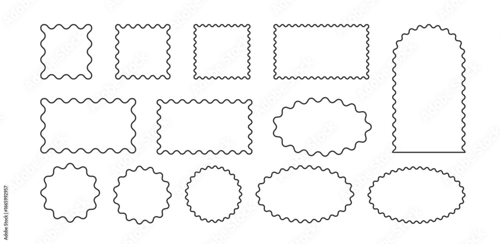 Wavy scallop edge frame set. Wave square, rectangle, circle geometric shape. Scalloped wiggle border. Squiggly cloud arch stickers. Empty text boxes. Vector illustration isolated on white background. Wavy scallop edge frame set. Wave square, rectangle, circle geometric shape. Scalloped wiggle border. Squiggly cloud arch stickers. Empty text boxes. Vector illustration isolated on white background.