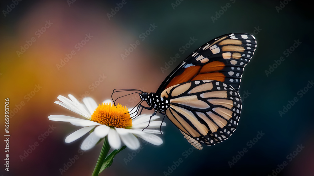 Fototapeta premium Monarch Butterfly On White Daisy Flower