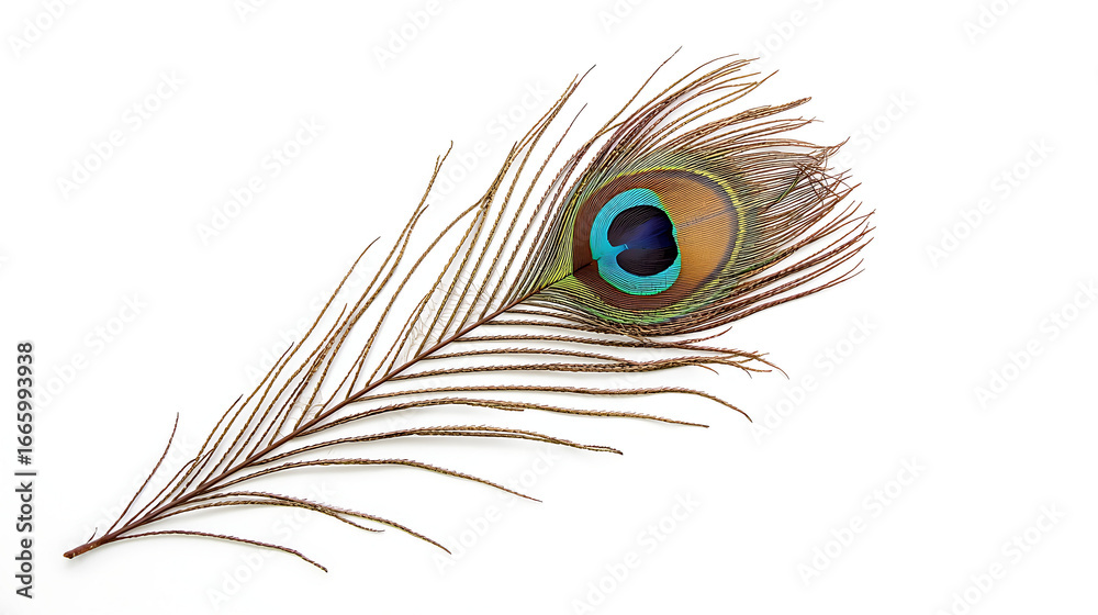 Obraz premium image showcases a high-resolution photograph of a peacock feather, showcasing its intricate details and natural beauty, positioned diagonally with a vibrant eye.