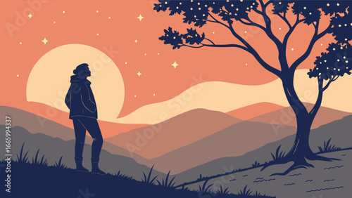 Sunset landscape illustration with man silhouette mountains and tree vector background design art work