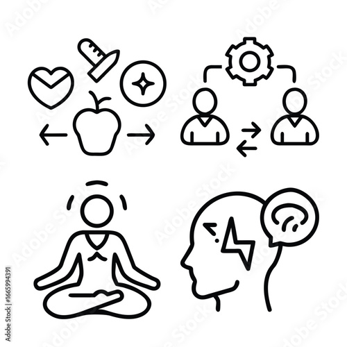 A collection of four line art icons illustrating concepts like healthy lifestyle, teamwork, meditation, and mental stress or thought processes.