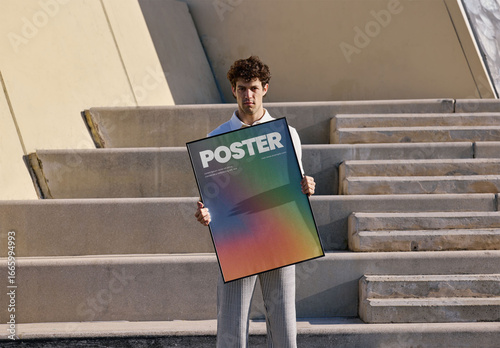 Mockup Of Man Holding Vertical Customizable Poster