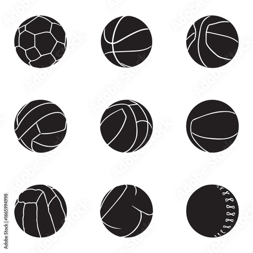 set of black various Sports Balls vector silhouettes isolated on white background