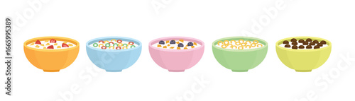 Bowl of crunchy cereal. Children snack. Breakfast food. Cornflakes and oatmeal. Colorful bowl.