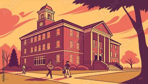 College campus building illustration with students walking and tree in the foreground and sunset sky view