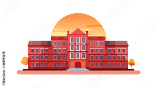 Illustration of university building with sunset background for education and architecture design concept