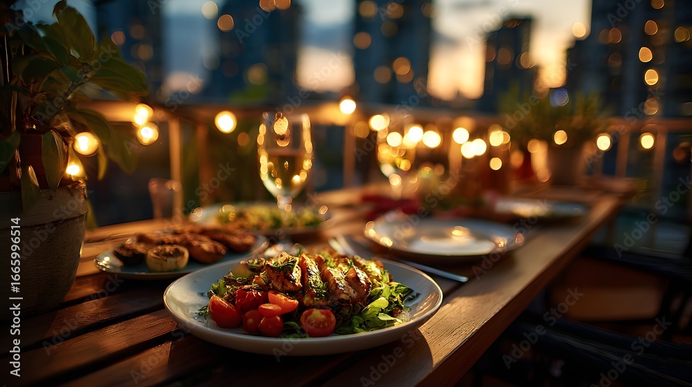 Fototapeta premium Elegant rooftop dinner setup with grilled chicken salad and twinkle lights at dusk, perfect for restaurant ad, romantic dining promo