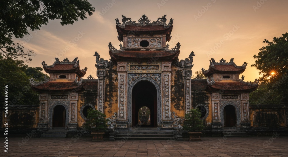 Fototapeta premium The grand entrance of an ancient temple stands majestic against a warm, golden sunset sky.