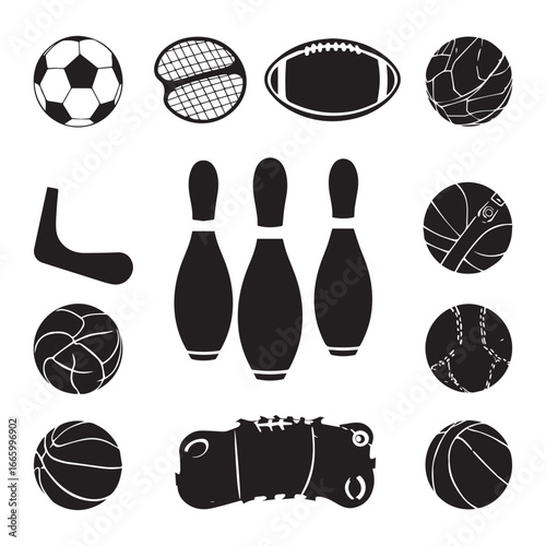 set of black various Sports Balls vector silhouettes isolated on white background