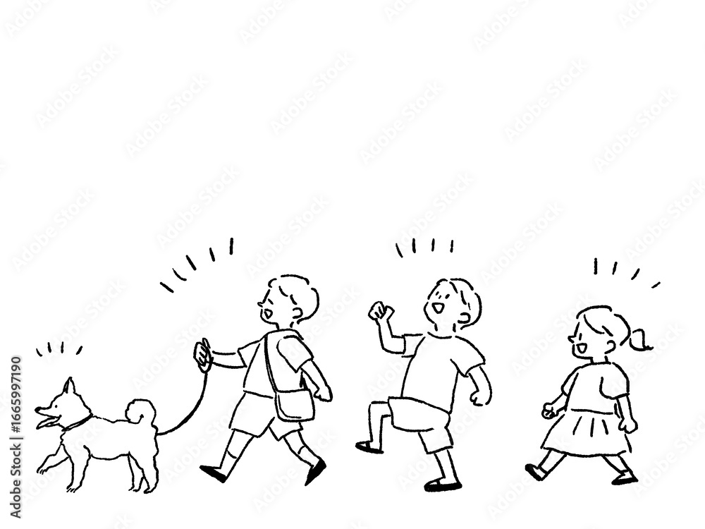 Naklejka premium 一匹の芝犬を散歩させる小さい男の子と女の子、歩く小さい子供三人と犬、線画