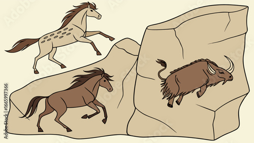 Cave painting of horses and boar ancient art prehistoric animals rock art illustration cave drawing art history