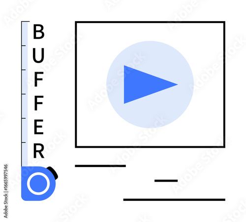 Progress bar labeled Buffer near a play button symbol in a video player frame. Ideal for streaming concepts, online learning, technology, media, entertainment, digital analytics, simple landing page