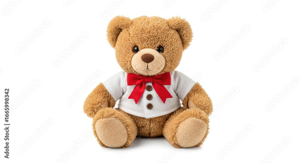 Obraz premium A cute teddy bear with a white shirt and red bow tie sitting on a white background image