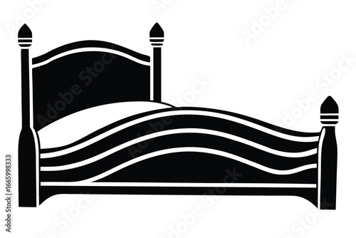 Bed in Black Silhouette on White Background for Interior Design