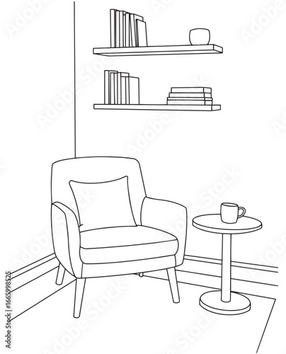 Interior design with modern living room in black sketch line on white background. Line drawing of Living room with modern furniture editable stroke. Interior design with modern living room.