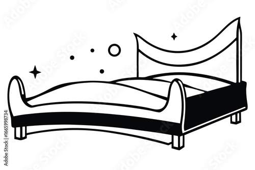 Bed with Headboard, Bedding, Stars and Circles in Black and White Flat Design