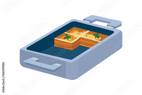 Lasagna clip art. Italian dish. Lasagna in the baking pan. Italian pasta.