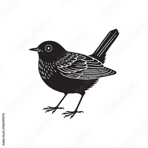 A vector illustration of a black silhouette bird with a prominent beak flying over a branch, creating a striking wildlife design