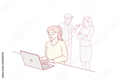 Happy young woman sit at desk work on computer distracted form colleagues talking in background. Smiling motivated female employee busy at laptop ignore social sounds. Vector illustration.