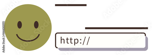 Green circular happy face beside a web address bar indicating digital communication and internet connections. Ideal for themes thumbs up positivity, online interaction, communication, user
