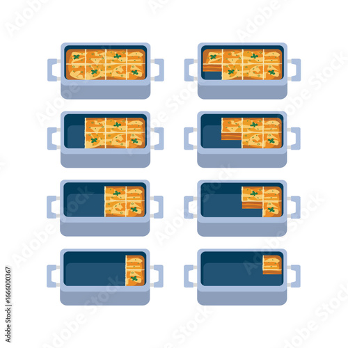 Set illustration of serving lasagna. Lasagna in the food container. Homemade lasagna. Food packaging. Food container. 