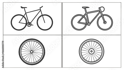 Vector illustration of bicycle and wheel icons symbolizing eco transport, fitness and sustainable mobility
