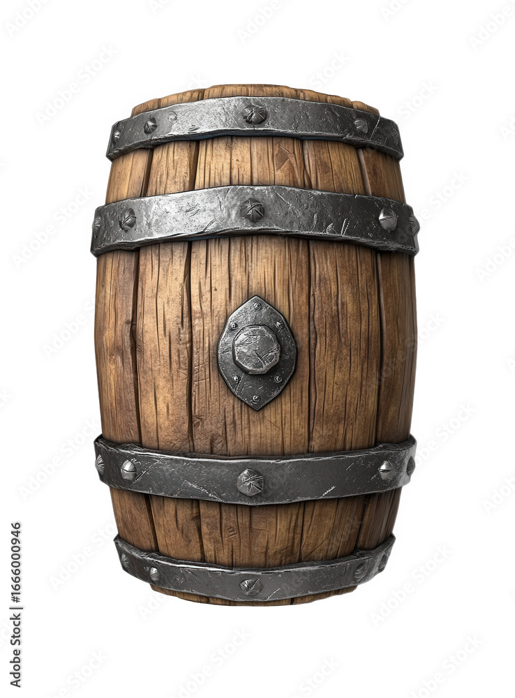 Fototapeta premium Aged wooden barrel with metal hoops, isolated on transparent background