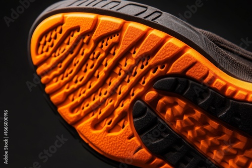 A professional running shoe sole featuring cutting-edge grip technology and performance treads is highlighted in a detailed macro photograph