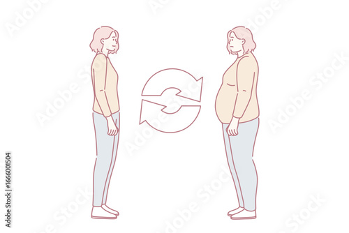 Overweigh and getting loose concept. Young smiling fit slim woman and depressed over weight fat woman standing towards each other feeling different vector illustration