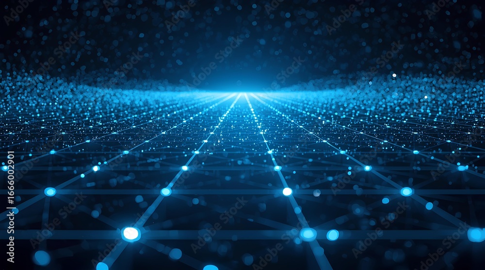 Fototapeta premium Abstract Blue Grid with Glowing Dots Futuristic Network