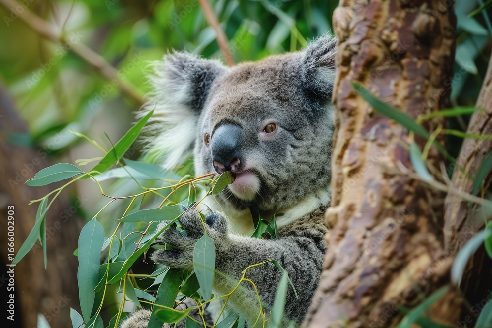 Fototapeta premium Koala sitting on a tree and eating eucalyptus leaves in its natural habitat, close-up wildlife shot.
