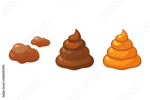 Three cartoon style piles of poop in different colors and textures on a black background