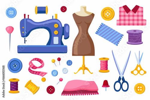sewing machine and dressmaking tools on a clean white background illustration