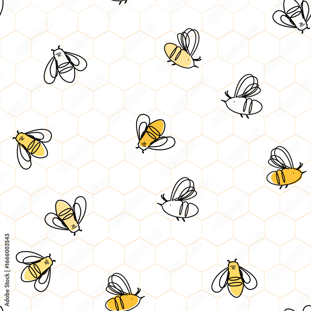 Linear cartoon homey bees on honeycombs seamless pattern. Vector background illustration