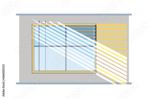 Modern window with horizontal blinds casting diagonal shadows and light patterns