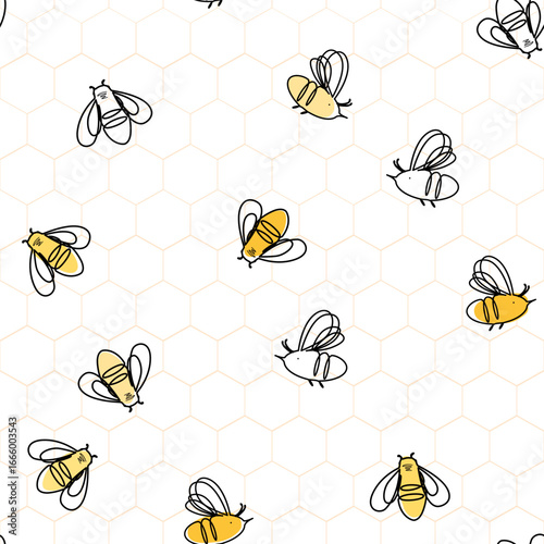 Linear cartoon homey bees on honeycombs seamless pattern. Vector background illustration