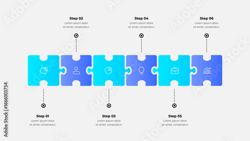 Colorful puzzle pieces arranged horizontally depict six sequential steps, each symbolizing a unique business concept like planning, innovation, and growth, suitable for presentations and marketing