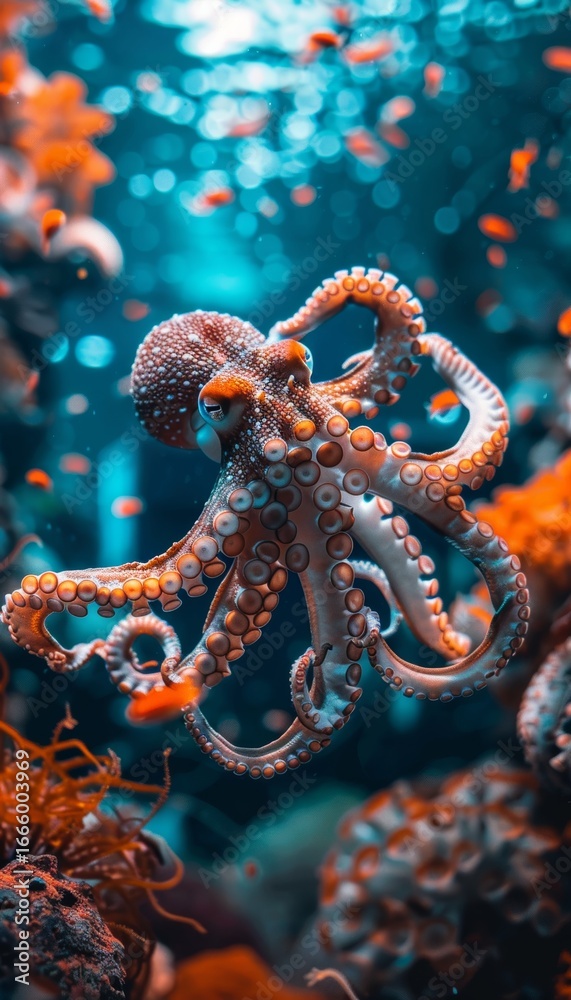 Fototapeta premium An octopus skillfully changes colors and patterns for camouflage while swimming underwater.