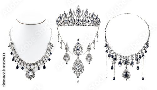 Silver tiara, necklaces with sapphire gems on transparent background