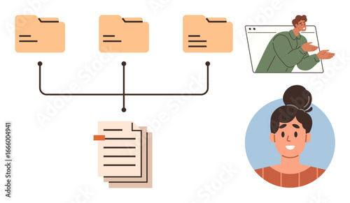 Folder structure connecting to documents, video conferencing, and team members. Ideal for teamwork, communication, remote work, project management, content organization, workflow optimization simple