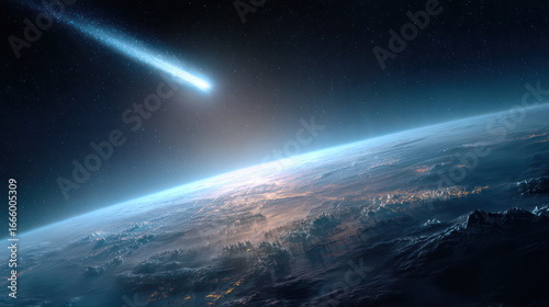 Fototapeta Naklejka Na Ścianę i Meble -  Glowing comet streaking past distant planet ice t afc ceb ddf hq scale x, with Earth surface visible from space and stars