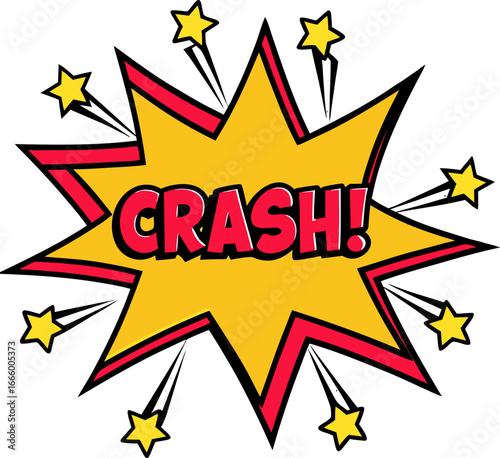 A cartoon crash boom explosion with red and yellow colors on black background